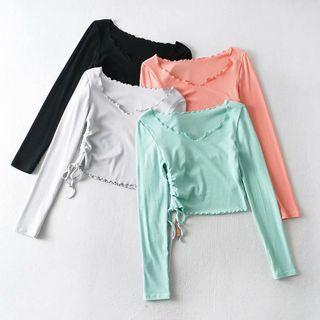 Long Sleeve V-neck Ruffled-trim Drawstring Crop Top