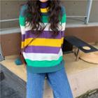 Mock-turtleneck Ribbed Striped Sweater As Shown In Figure - One Size