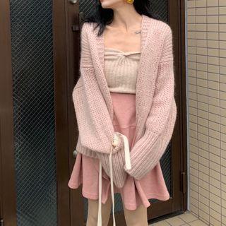 Plain Knit Tank Top / Knit Cardigan / Ruffle Mini Skirt