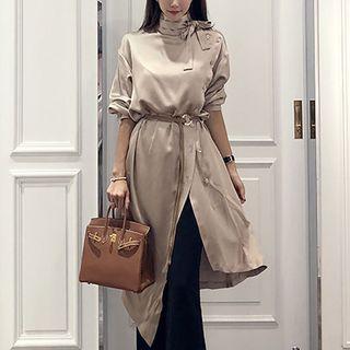 Turtleneck Long-sleeve Asymmetric Hem Midi A-line Dress