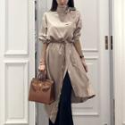 Turtleneck Long-sleeve Asymmetric Hem Midi A-line Dress