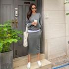 Set: Layered-hem Sweatshirt + Band-waist Midi Skirt