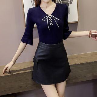 Flared-sleeve Lace Up Knit Top