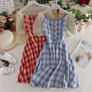 Mesh Puff-sleeved Plaid Dress