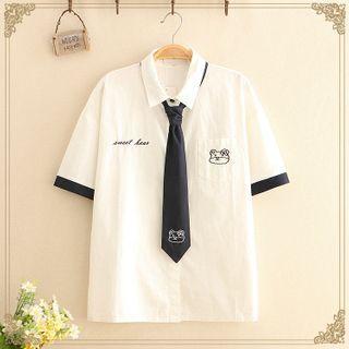 Pocket-front Bear Embroidered Short-sleeve Shirt With Tie