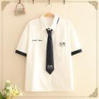 Pocket-front Bear Embroidered Short-sleeve Shirt With Tie