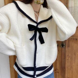 Contrast Trim Ribbon Accent Cardigan White - One Size