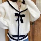 Contrast Trim Ribbon Accent Cardigan White - One Size