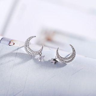 925 Sterling Silver Rhinestone Moon & Star Dangle Earring 1 Pair - Earrings - Star - Moon - One Size