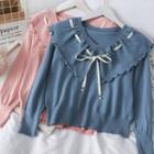 Ribbon-neckline Sailor-collar Crop Knit Top