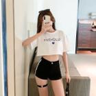 Lettering Cropped T-shirt / High-waist Hot Pants
