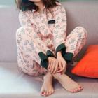 Loungewear Set: Long-sleeve Leaf Print Top + Pants Pink - One Size