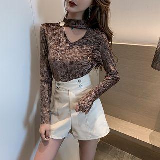Plain V-neck Halter Long-sleeve Velvet Top / High-waist Faux Leather Shorts