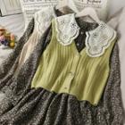 Set: Peter Pan-collar Floral Midi Dress + Button-down Knit Vest