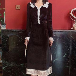 Lace Trim Velvet Blouse / Midi Skirt