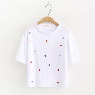 Elbow-sleeve Embroidered Flower T-shirt