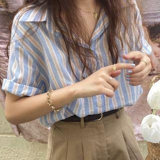 Elbow-sleeve Striped Shirt Stripe - White & Blue - One Size