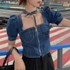 Puff-sleeve Zip-up Denim Blouse