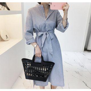 Long-sleeve Half-placket Striped Long Dress With Sash