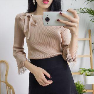 Fringed 3/4 Sleeve Bow Accent Knit Top