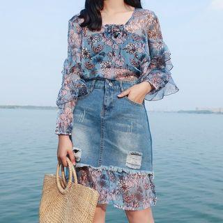 Set: Floral Print Chiffon Dress + Bandeau + Ripped Denim Skirt