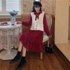 Long-sleeve Tie-neck Midi A-line Dress / Buttoned Cable Knit Vest