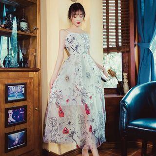 Embroidered Spaghetti-strap Mesh Cocktail Dress