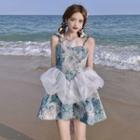 Sleeveless Patterned Mesh Panel Dress