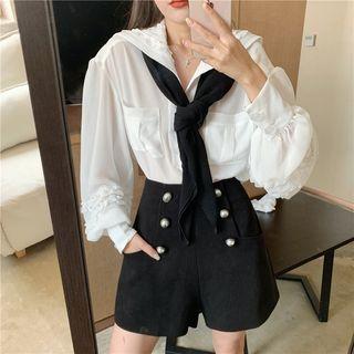 Ruffle Trim Pocket Detail Blouse / Buttoned Wide-leg Shorts