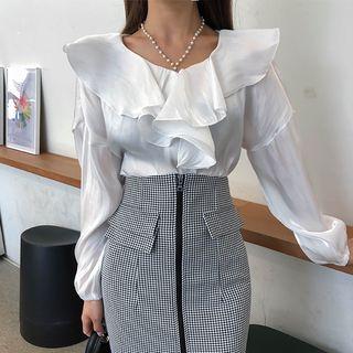 Ruffle-neck Satin Blouse