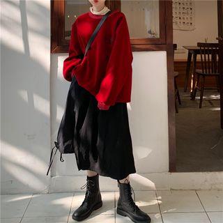 Letter Embroidered Oversize Pullover / Midi A-line Skirt