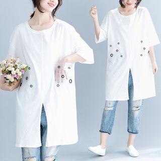 Short-sleeve Pocketed Slit T-shirt White - One Size