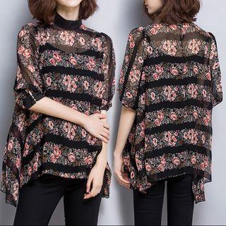 Elbow-sleeve Floral Patterned Chiffon Top