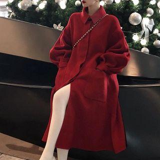 Plain Buttoned Long Coat Red - One Size