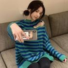 Cutout-shoulder Striped Loose-fit Sweater Green - One Size