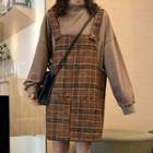 Mock Neck Pullover / Plaid Overall Dress