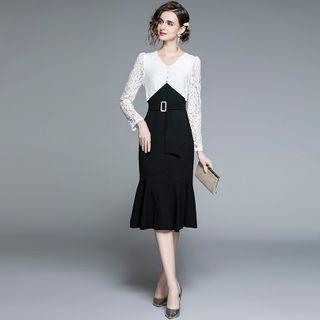 Lace Panel Two-tone Midi Mermaid Dress
