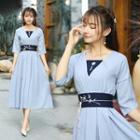 Set: Elbow-sleeve A-line Midi Dress + Waist Belt