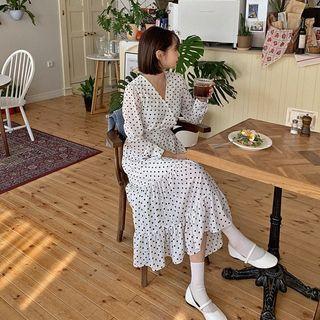 Tiered Polka-dot Long Wrap Dress