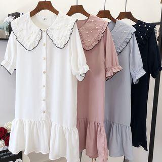 Short-sleeve Faux Pearl Frill Trim Buttoned Dress