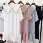 Short-sleeve Faux Pearl Frill Trim Buttoned Dress