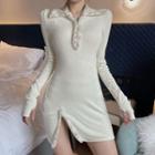 Long-sleeve Fleece Trim Knit Mini Dress White - One Size