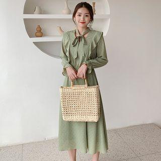 Long-sleeve Ruffled Dotted Midi A-line Dress