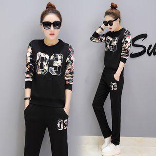 Set: Floral Print Panel Pullover + Sweatpants