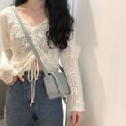 Long-sleeve Drawstring Perforated Knit Top