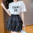 Set: Short-sleeve Letter T-shirt + A-line Mini Tiered Skirt