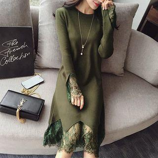 Lace Trim Long Sleeve Midi Knit Dress
