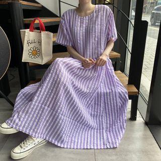 Short Sleeve Dotted Stripe Oversized A-line Dress