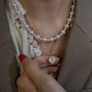 Set: Rose Pendant Alloy Necklace + Faux Pearl Necklace Set Of 2 - Rose Pendant Alloy Necklace & Faux Pearl Necklace - Gold & Off-white - One Size