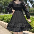 Long-sleeve Frill Trim Lace Panel Tiered A-line Dress
